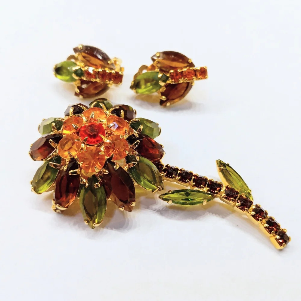 Vintage Fall Colors Rhinestone Flower Brooch And Earrings Set - Picture 2 of 6